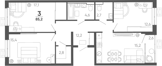 4-комн. квартира, 82.6 м² в ЖК Барса — фото 2