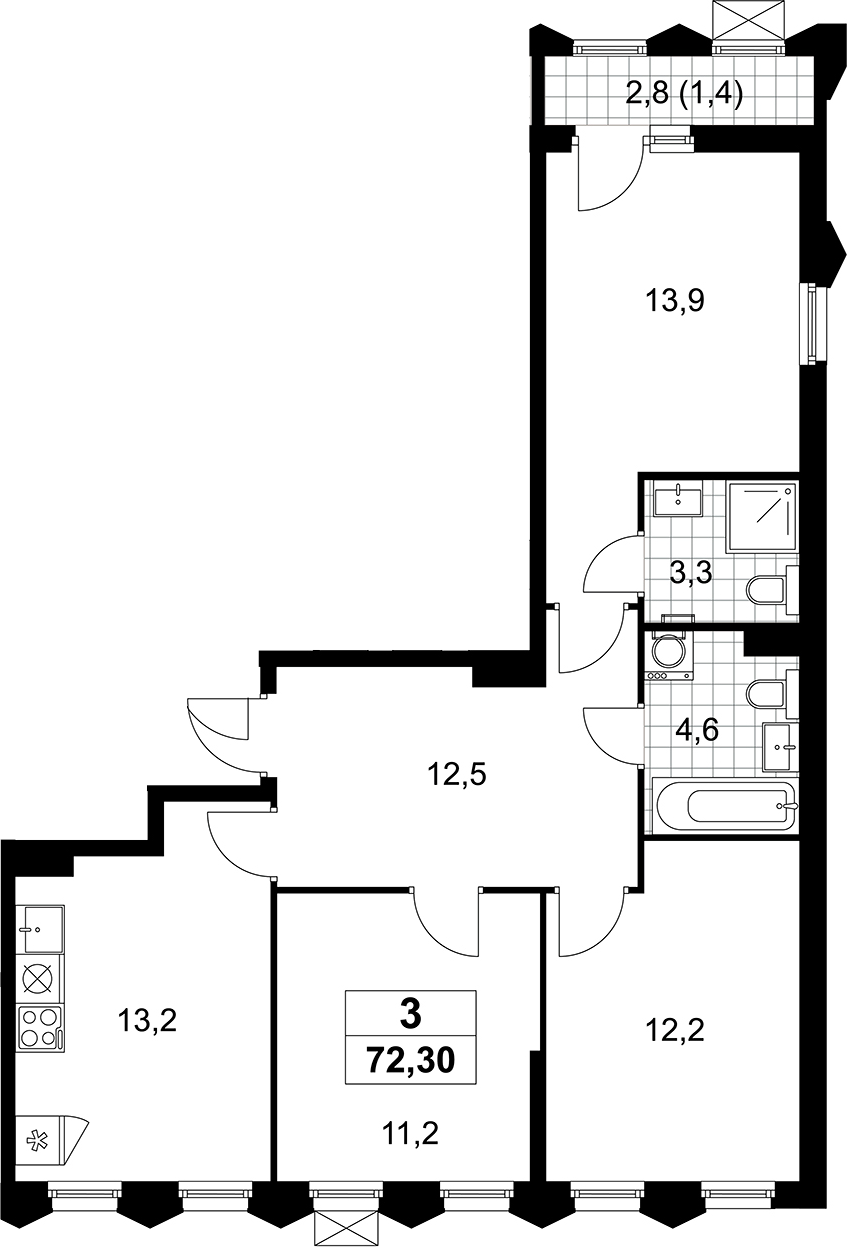 3-комн., 70.9 м², 9/11 этаж, ЖК «Деснаречье»