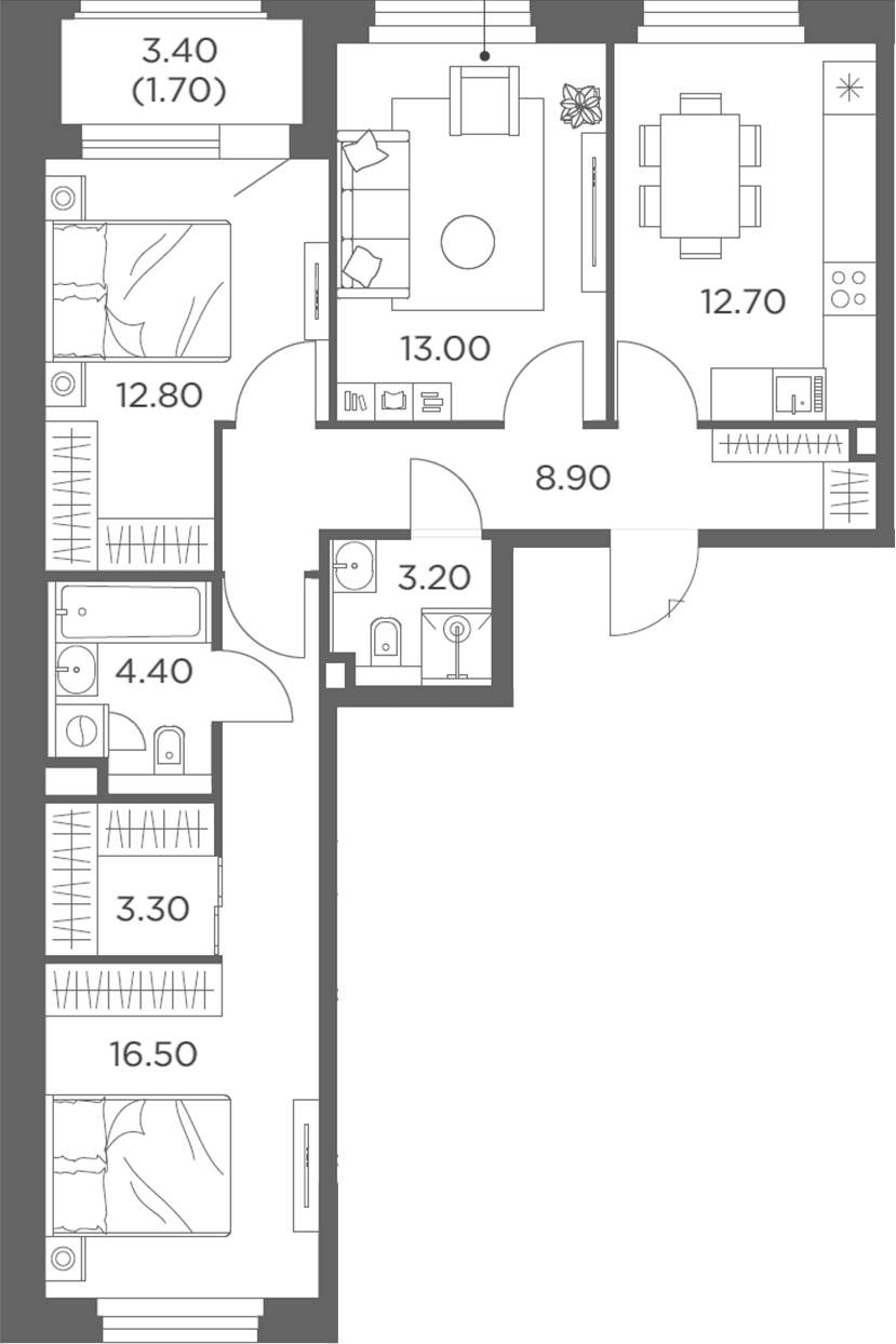 3-комн., 74.8 м², 22/23 этаж, ЖК «Белый Град»