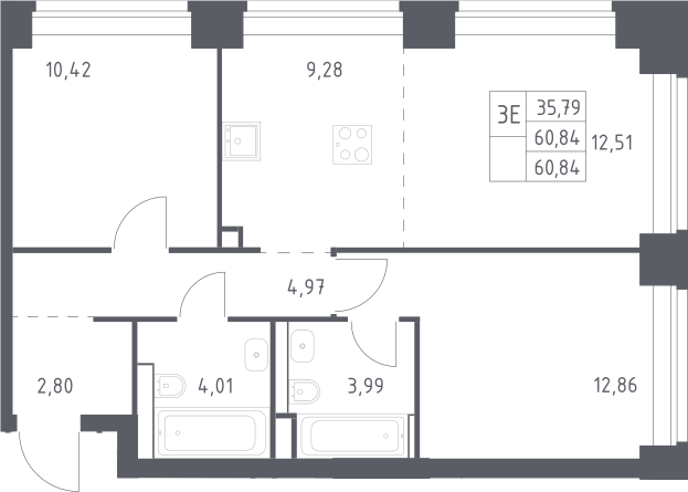 3-комн., 60.84 м², 13/40 этаж, ЖК «НОВА»