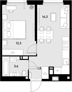 1-комн., 34 м², 13/18 этаж, ЖК «Грейд»