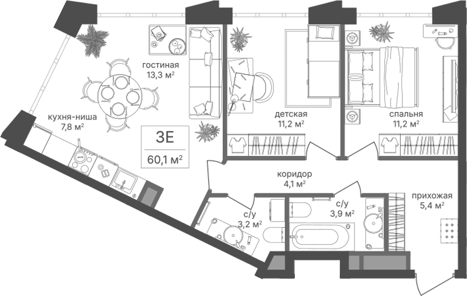 3-комн., 60.1 м², 13/20 этаж, ЖК «Михалковский»