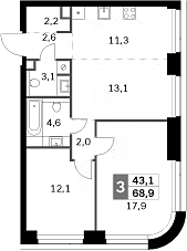 3-комн., 68.9 м², 25/47 этаж, ЖК «Амбер Сити»