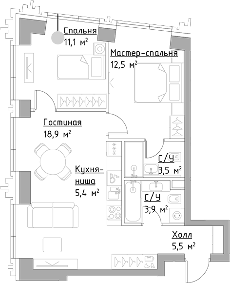 3-комн., 60.8 м², 6/45 этаж, ЖК «Левел Павелецкая Сити»