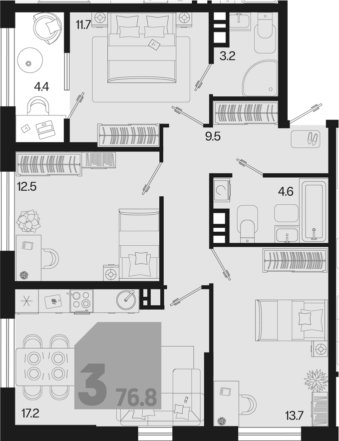 3-комн., 72.4 м², 8/9 этаж, ЖК «Первое место» — фото 2