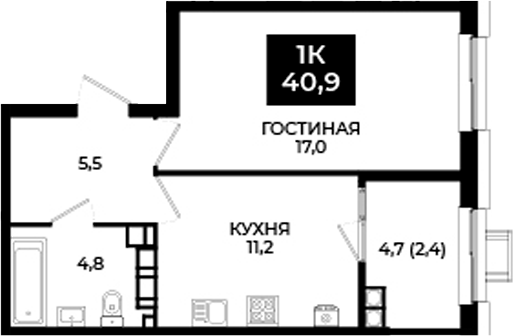 1-комн., 38.5 м², 13/24 этаж, ЖК «Первый. ГК ЮгСтройИнвест»