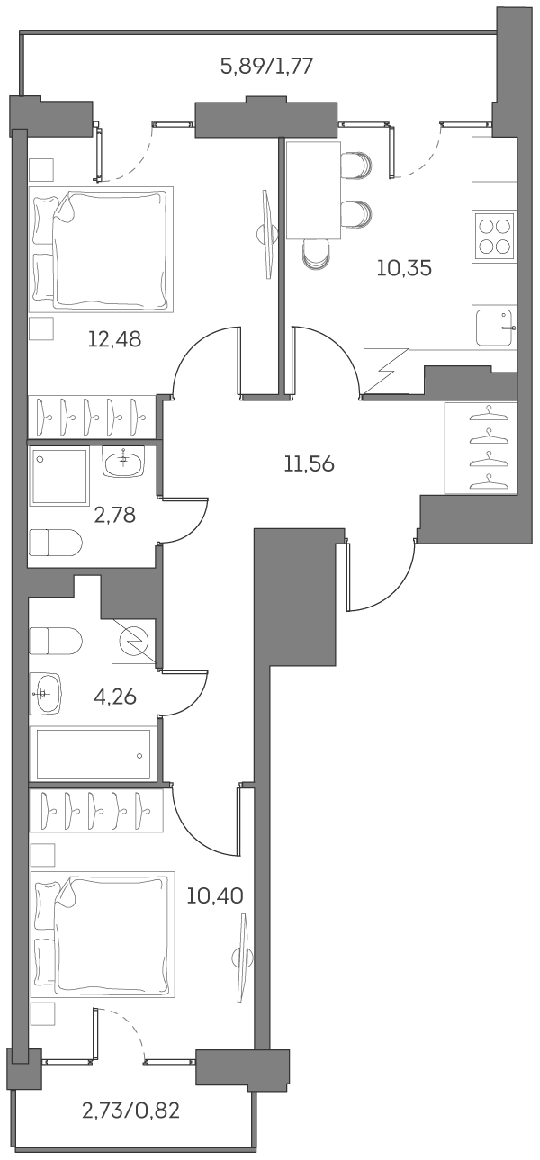 2-комн., 51.83 м², 12/12 этаж, ЖК «Аквилон БИСАЙД 2.0»