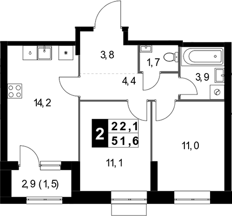 2-комн., 50.1 м², 15/32 этаж, ЖК «1-й Измайловский»