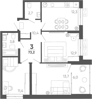 3-комн. квартира, 67.2 м² в ЖК Барса — фото 2