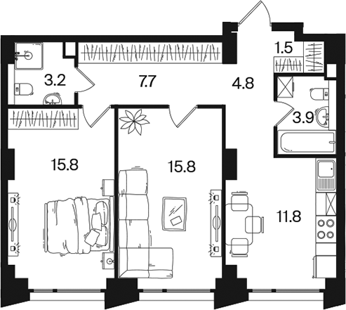 2-комн., 64.5 м², 2/26 этаж, ЖК «РАКУРС»