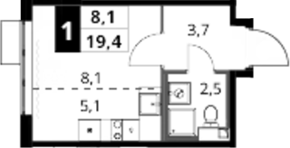 Студия, 19.4 м², 10/16 этаж, ЖК «1-й Шереметьевский»