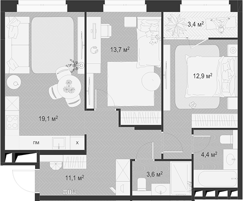 3-комн., 64.8 м², 8/18 этаж, ЖК «Гранд Комфорт»