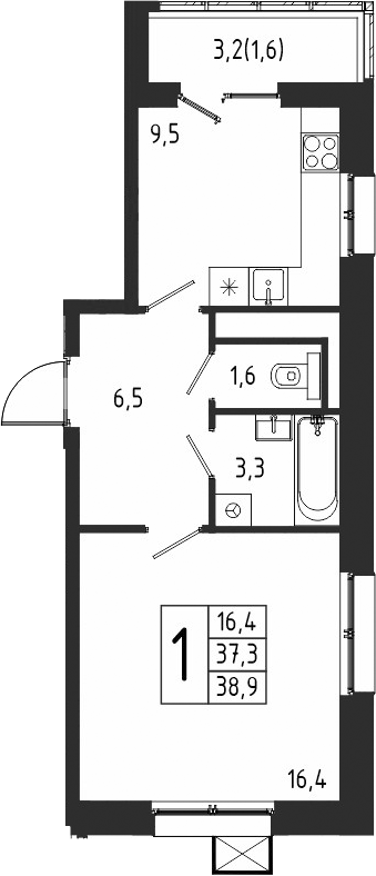 1-комн., 37.3 м², 6/10 этаж, ЖК «Берег»