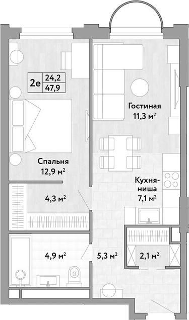 2-комн., 47.9 м², 13/17 этаж, ЖК «Новые Смыслы»