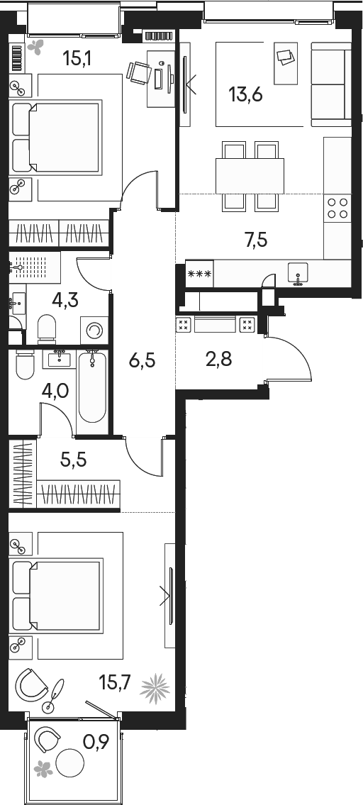 3-комн., 75 м², 3/10 этаж, ЖК «Клубный город на реке Примавера»