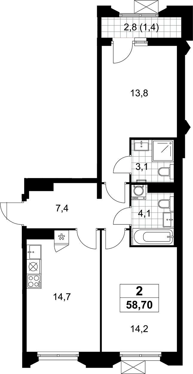 3-комн., 57.3 м², 13/14 этаж, ЖК «Деснаречье»
