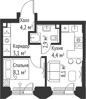 2-комн., 30.8 м², 14/59 этаж, ЖК «СЕТ»