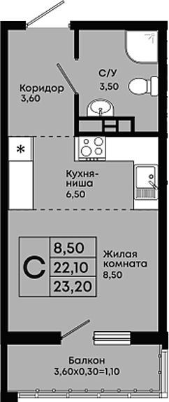 Студия, 22.1 м², 15/18 этаж, ЖК «Премьер»
