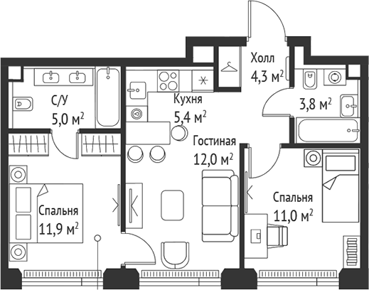 3-комн., 53.4 м², 43/52 этаж, ЖК «СЕТ»