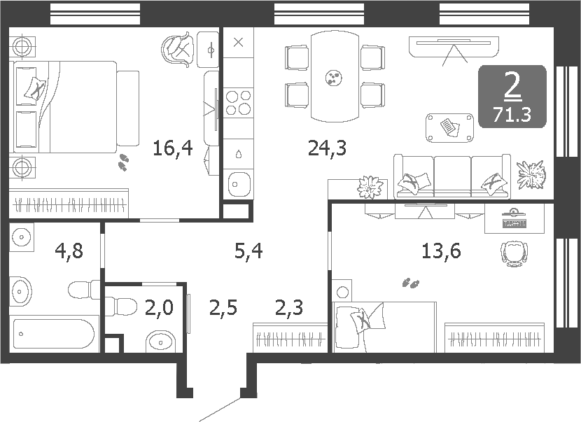 3-комн., 71.3 м², 14/19 этаж, ЖК «Шагал»