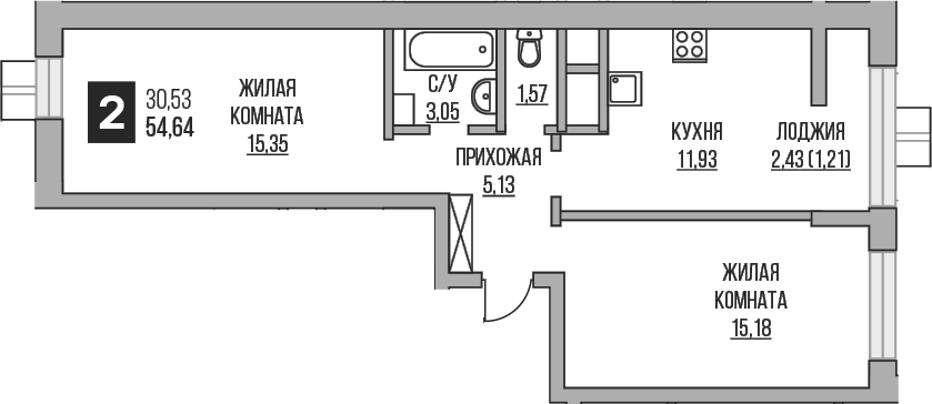 2-комн., 52.21 м², 10/25 этаж, ЖК «Гранель Пехра»