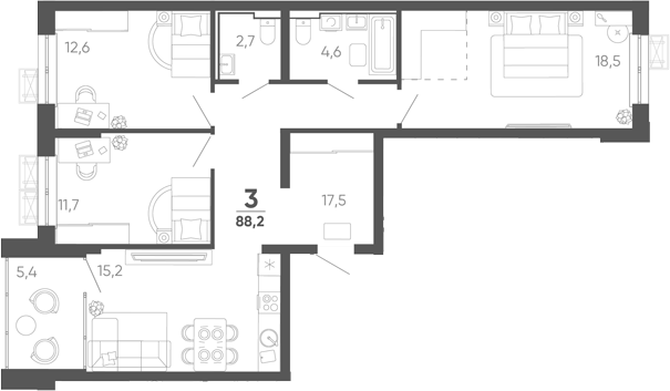 3-комн. квартира, 82.8 м² в ЖК Барса — фото 2