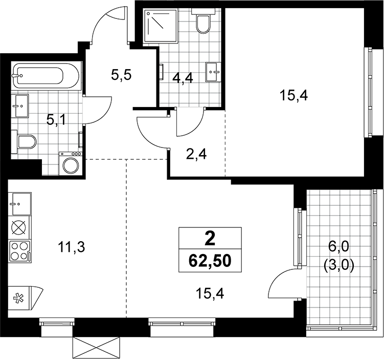 2-комн., 59.5 м², 7/12 этаж, ЖК «Дзен-кварталы»