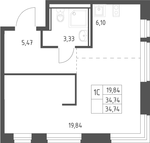 Студия, 34.74 м², 8/17 этаж, ЖК «Квартал Ивакино»