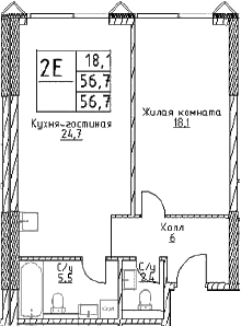 2-комн., 56.7 м², 6/29 этаж, ЖК «Наметкин Тауэр»
