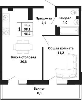 2-комн. квартира, 38.1 м² в ЖК Южные Соседи — фото 2