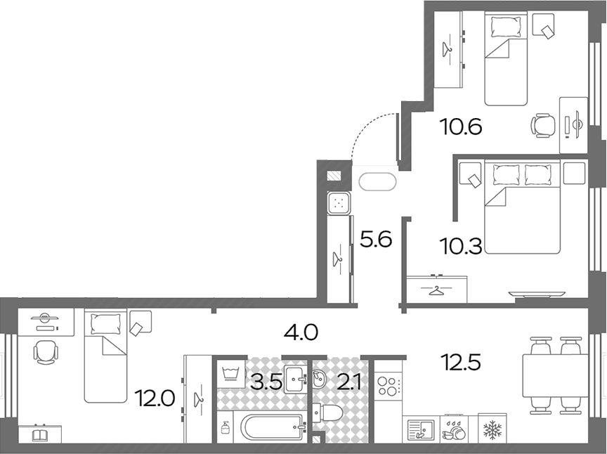 3-комн., 60.6 м², 24/24 этаж, ЖК «Лучи»