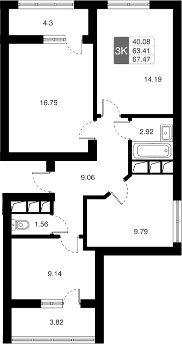 3-комн., 63.41 м², 20/20 этаж, ЖК «Химки Тайм»