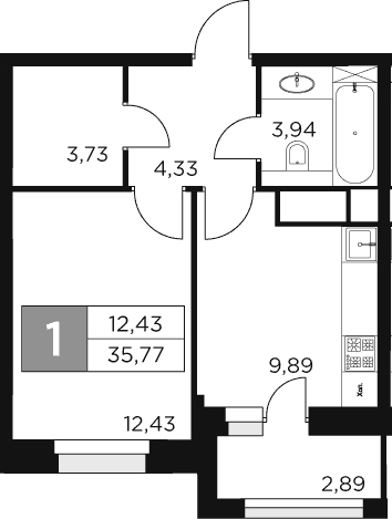 1-комн., 34.32 м², 11/12 этаж, ЖК «Восток 2»