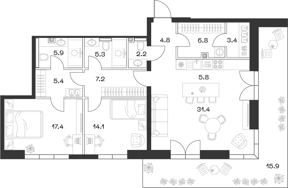 3-комн., 109.9 м², 9/18 этаж, ЖК «SHIFT»