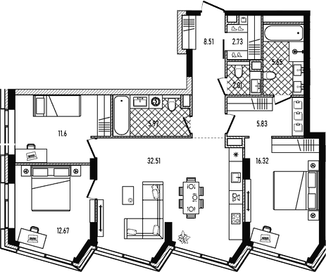 4+ комнаты, 103.8 м², 11/33 этаж, ЖК «Репаблик»