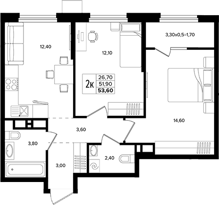 2-комн., 51.9 м², 14/15 этаж, ЖК «Лермонтов Парк»