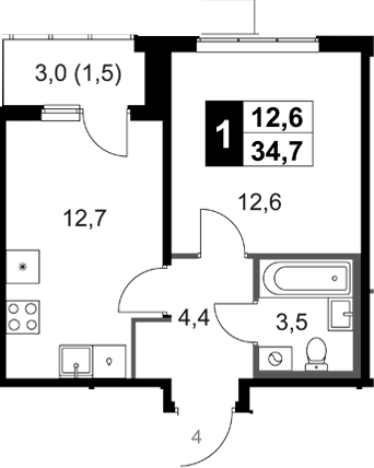 1-комн., 33.8 м², 18/18 этаж, ЖК «1-й Ясеневский»