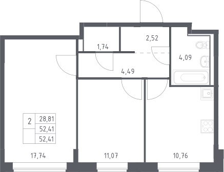2-комн., 52.41 м², 10/11 этаж, ЖК «Прибрежный Парк»