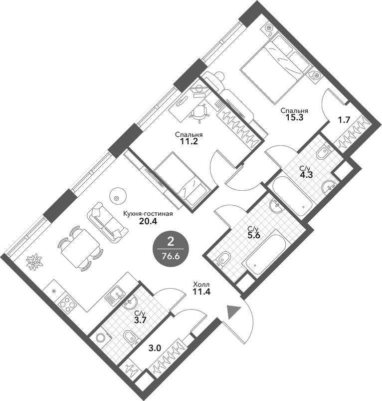 3-комн., 76.6 м², 11/14 этаж, ЖК «Воксхолл»