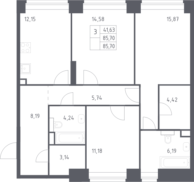 3-комн., 85.7 м², 11/12 этаж, ЖК «НОВА»