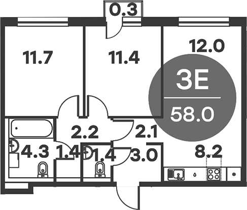 3-комн., 57.7 м², 5/6 этаж, ЖК «Равновесие»