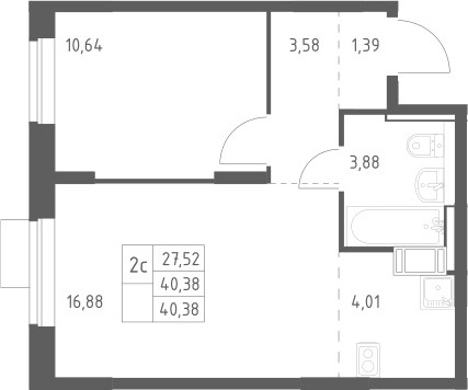 2-комн., 40.38 м², 3/12 этаж, ЖК «Пятницкие Луга»