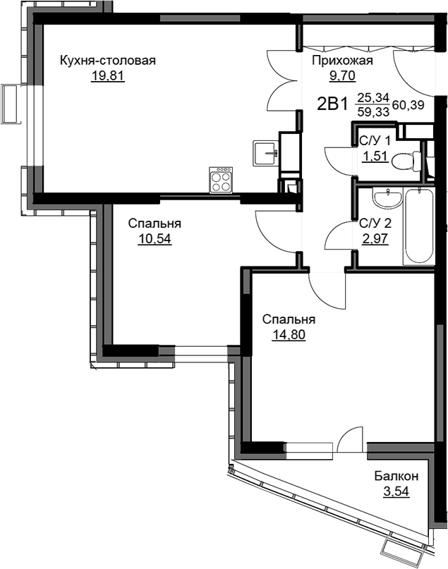 3-комн., 59.33 м², 10/17 этаж, ЖК «Соболевка»