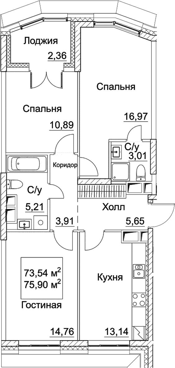 3-комн., 73.54 м², 6/14 этаж, ЖК «СЕЗАР СИТИ»