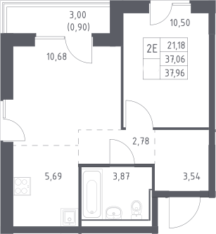 2-комн., 37.06 м², 11/11 этаж, ЖК «Прибрежный Парк»