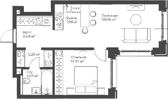 2-комн., 47.9 м², 13/15 этаж, ЖК «Сити Бэй»