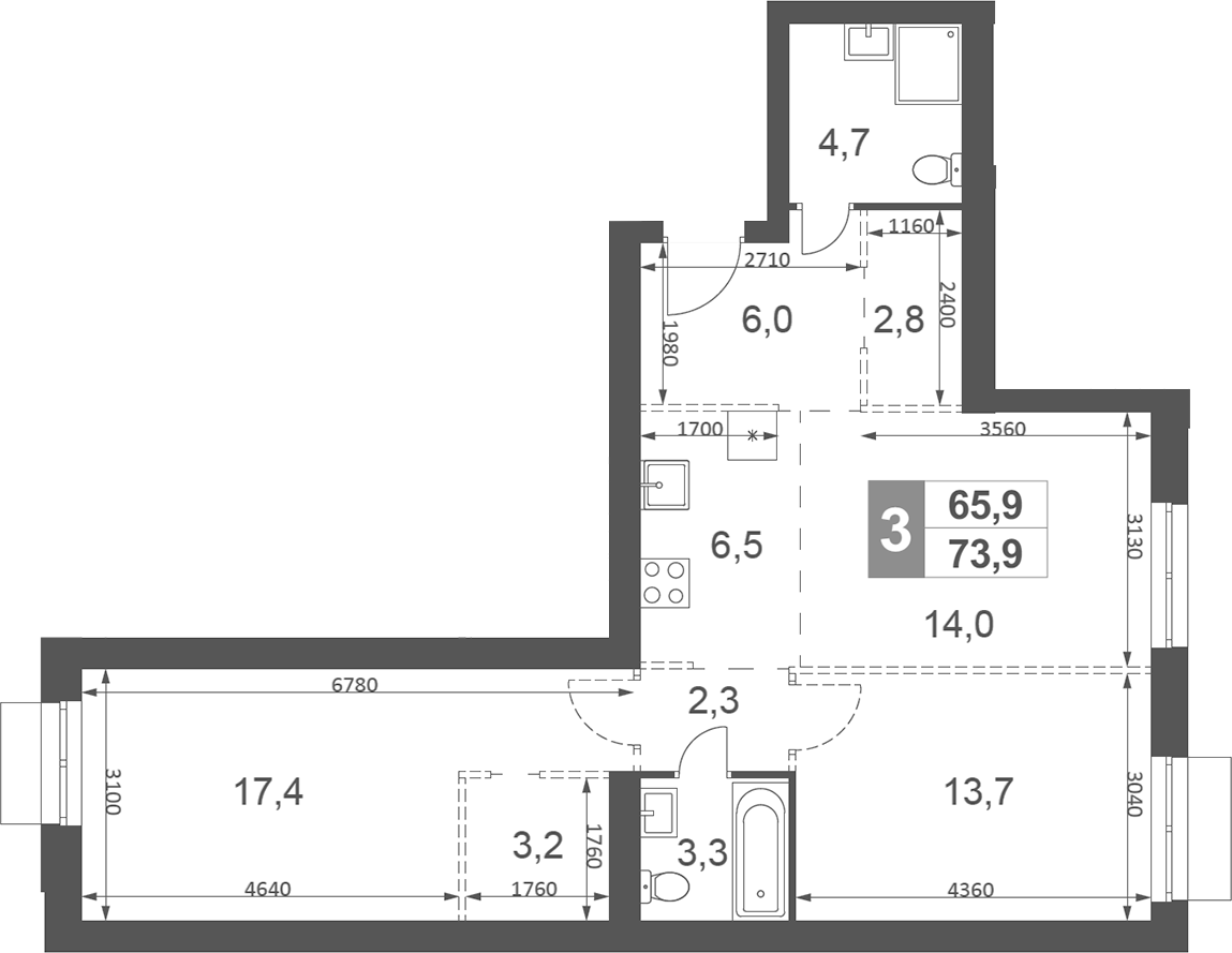 3-комн., 73.9 м², 2/4 этаж, ЖК «Дубровицы Клаб»
