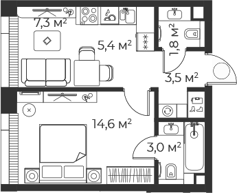 2-комн., 35.7 м², 18/35 этаж, ЖК «Веер»
