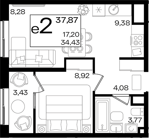 2-комн. квартира, 34.44 м² в ЖК Патрики — фото 2