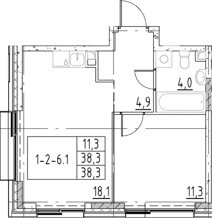 2-комн., 38.3 м², 14/19 этаж, ЖК «Шагал»